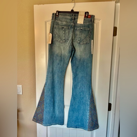 Women's Flared Denim Jeans with Patterned Insets - Picture 2 of 4